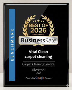 Best of 2026 BusinessRate Award plaque for Vital Clean Carpet Cleaning in Riverton, Utah, featuring a gold laurel wreath and Google Reviews branding.