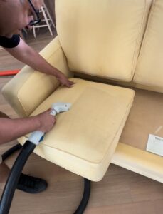 Technician performing professional upholstery cleaning with hot water extraction