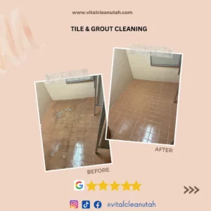 Technician cleaning tile and grout in a kitchen floor, showing before and after the professional cleaning service