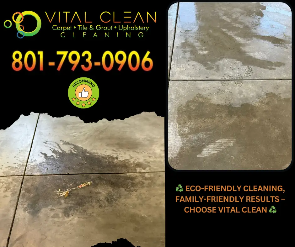 garage oil removal before and after pictures. Cleaned by vital clean carpet cleaning
