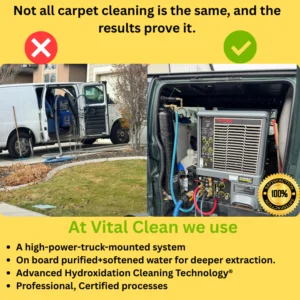 Vital Clean truck-mount system compared to a portable rental carpet cleaner, showing superior power and professional extraction.