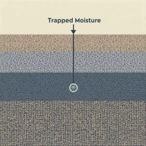 A simple graphic showing a cross-section of carpet fibers and padding, with a dark area labeled "Trapped Moisture" and an arrow pointing to a small, green mold icon.