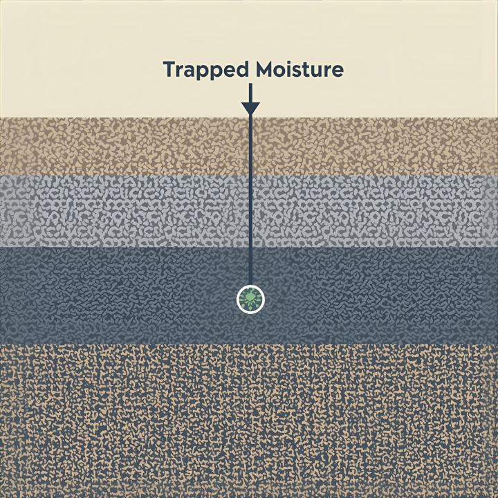 A simple graphic showing a cross-section of carpet fibers and padding, with a dark area labeled "Trapped Moisture" and an arrow pointing to a small, green mold icon.