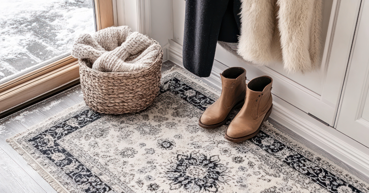 Winter snow boots tracking salt and moisture onto carpet in a Utah home, demonstrating climate-related carpet damage.