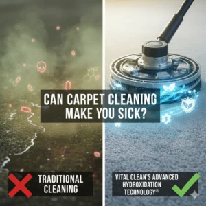 Split image contrasting wet, dirty carpet with visible VOC and germs (traditional cleaning risks) against a clean carpet being safely extracted with a wand, highlighting Vital Clean's Advanced Hydroxidation Technology.