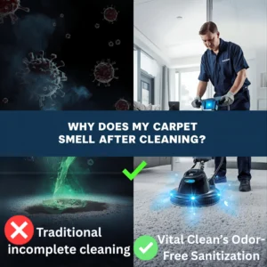 Comparative image illustrating reasons for carpet smell: Upper left shows bacteria/mold (cause of odor); lower left shows poor moisture extraction. Right side features a technician and a rotary extractor for Vital Clean's Odor-Free Sanitization