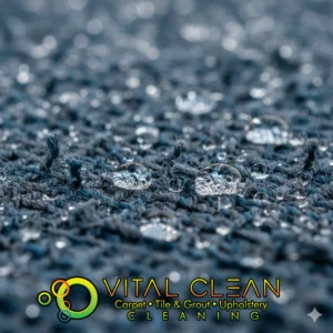 Close‑up of carpet fibers with water beading on the surface, demonstrating PTFE carpet protection and the benefits of professional carpet cleaning.