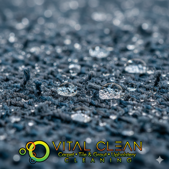 Close‑up of carpet fibers with water beading on the surface, demonstrating PTFE carpet protection and the benefits of professional carpet cleaning.