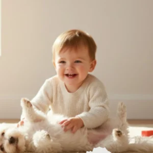 A child or pet sitting comfortably on freshly cleaned carpet with Soft sunlight and Clean, minimal background with no visible cleaning products, everything ecofriendly with Vital Clean