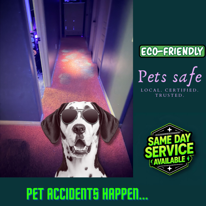 UV light revealing pet urine stains in hallway carpet before professional same day carpet cleaning service