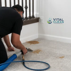 Jimmy from Vital Clean Carpet Cleaning inspecting and treating a carpet stain before recommending the appropriate cleaning process for the homeowner.