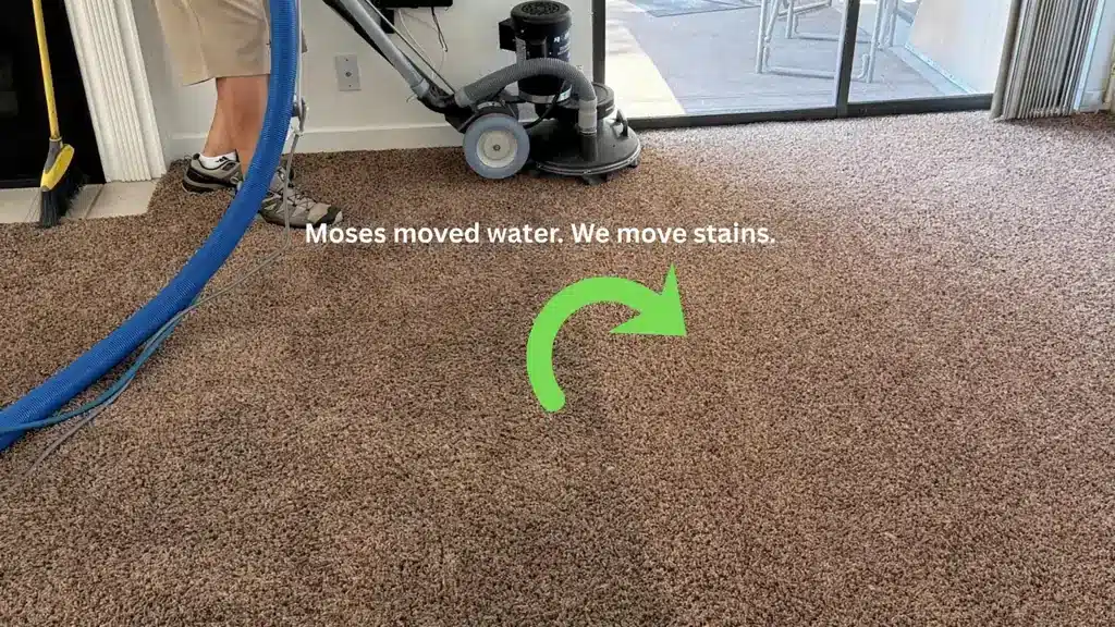 Professional carpet cleaning service in Midvale Utah by Vital Clean Carpet Cleaning rotary extraction RX20 vital clean carpet cleaning showing the differenceMoses-moved-water.-We-move-stains.